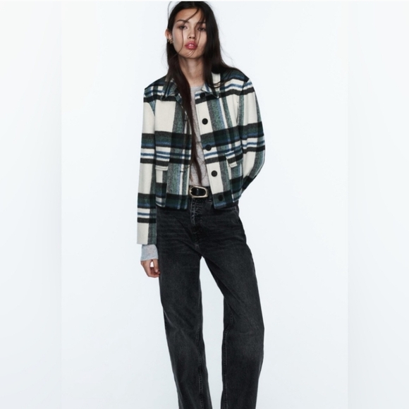 New Zara Plaid Patch Pocket Ecru/Green Shacket Jacket NWT - Picture 2 of 11
